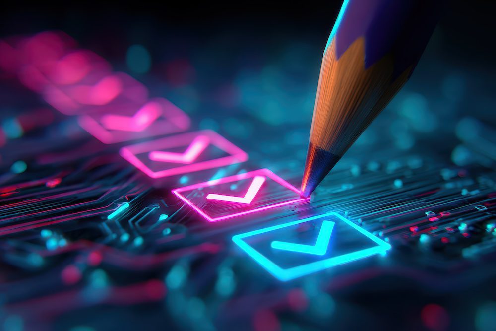 A close-up of a pencil marking glowing neon checkboxes on a futuristic circuit board, illustrating the concept of a cybersecurity assessment and employee training program.