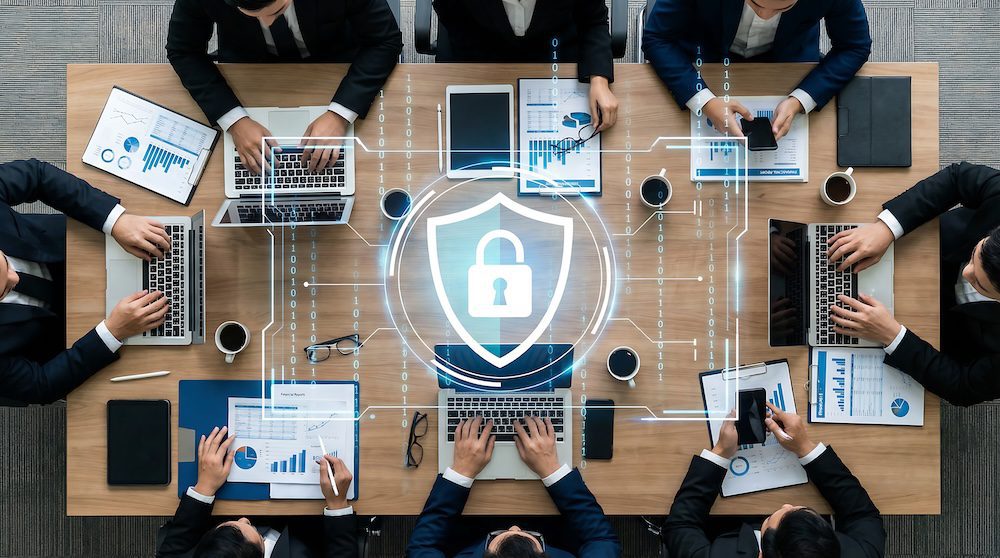 Top view of business people working at a conference table with laptops, charts, and documents discussing cybersecurity.