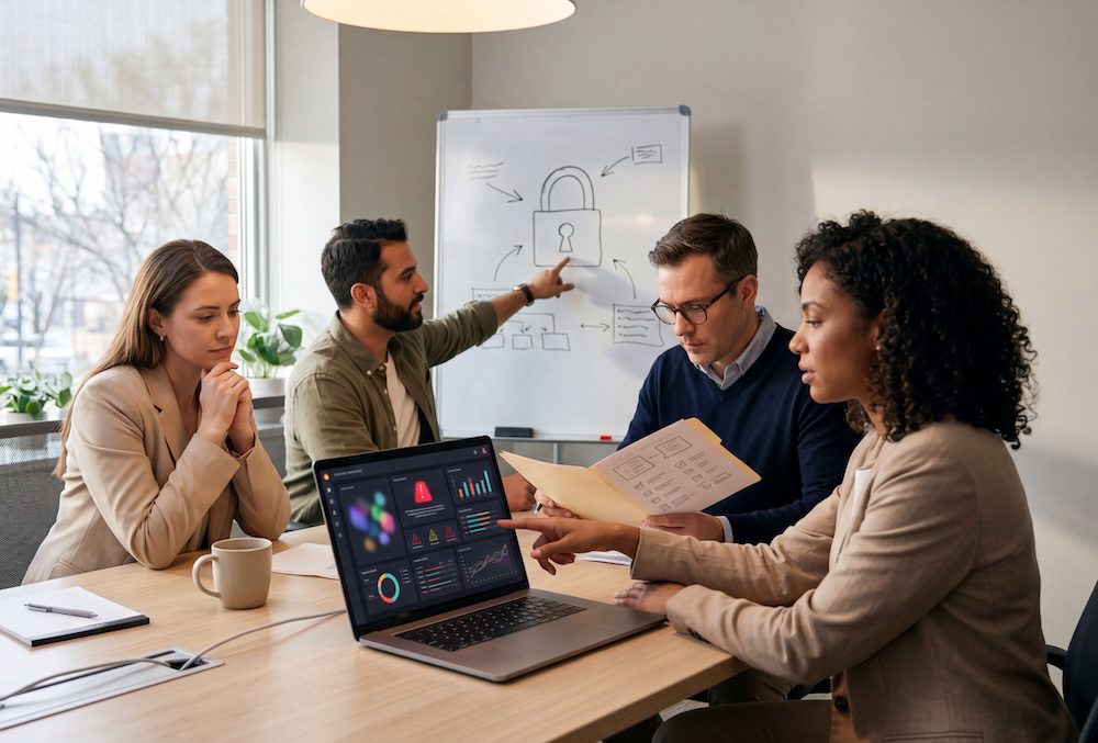 Four professionals sit at a table with documents and a laptop displaying graphs; one person points to a whiteboard showing a large padlock and flowcharts, highlighting a discussion on addressing a critical cybersecurity business issue.