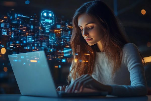 A woman types on a laptop in a dimly lit room, with digital icons and a glowing chatbot symbol floating in the air beside her, representing artificial intelligence, technology, and the rise of shadow AI.