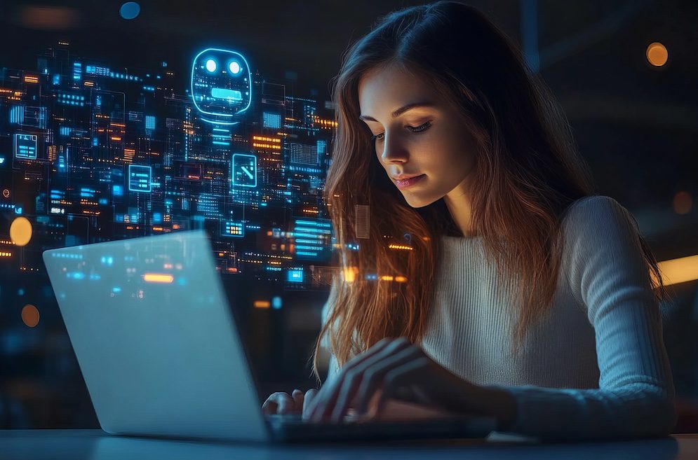 A woman types on a laptop in a dimly lit room, with digital icons and a glowing chatbot symbol floating in the air beside her, representing artificial intelligence, technology, and the rise of shadow AI.
