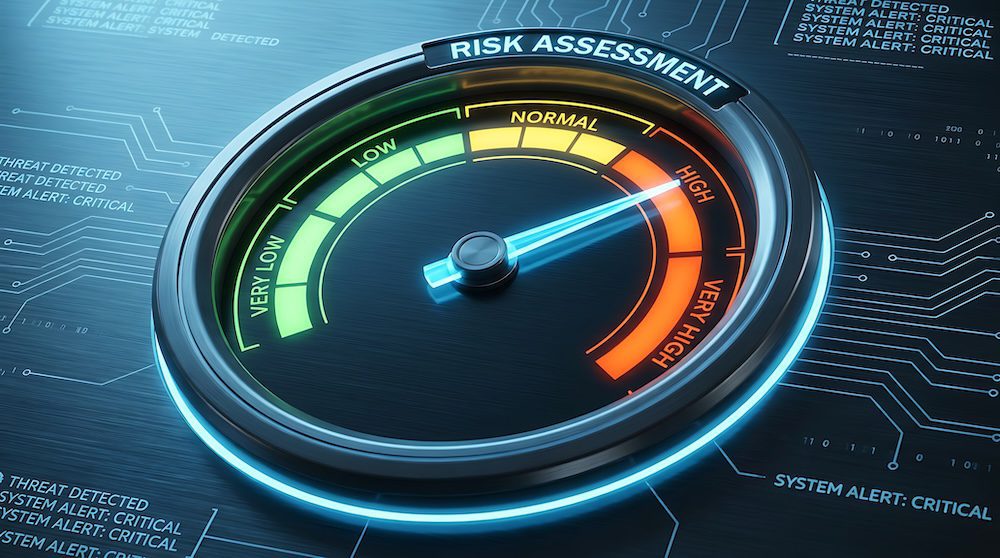 Cybersecurity risk assessment gauge showing a high risk level on a digital dashboard.